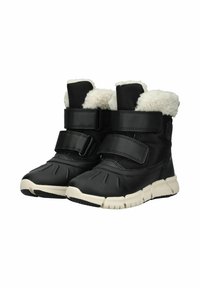 Botas de textil negro y sintético con forro de peluche, correas de velcro, punta redondeada y suela de goma. Presentan un relieve en la suela y detalles de costura.