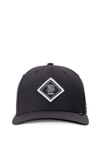 Black cap with a structured design, featuring a textured fabric, flat brim, and a white diamond logo patch on the front.