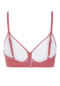 Reggiseno wireless rosa con texture a coste, spalline regolabili e chiusura a gancio. Fodera bianca liscia sulle coppe. Forma triangolare complessiva.