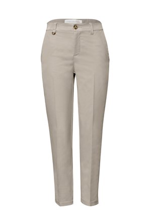 Béžové kalhoty s úzkým střihem, zapínáním na knoflík, poutky na pásek, bočními kapsami a předním záhybem.