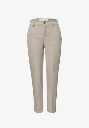 Béžové kalhoty s úzkým střihem, zapínáním na knoflík, poutky na pásek, bočními kapsami a předním záhybem.