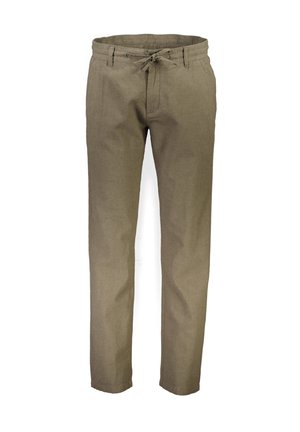 Pantaloni in lino khaki con vita elastica, chiusura con cordino, design a gamba dritta e cuciture minime. Tessuto liscio, leggero.