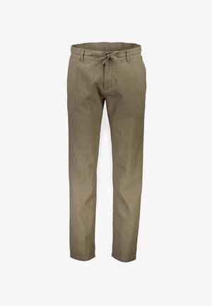 Pantaloni in lino khaki con vita elastica, chiusura con cordino, design a gamba dritta e cuciture minime. Tessuto liscio, leggero.