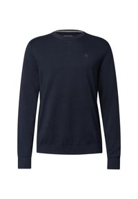 Dunkelblaues Rundhals-Sweatshirt aus weichem Strickstoff. Mit langen Ärmeln, gerippten Bündchen und einem kleinen Logo auf der Brust.