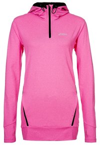 Růžová mikina s kapucí a dlouhými rukávy, s černým zipem a bočními kapsami. Vyrobena z materiálu odvádějícího vlhkost, hladký povrch.