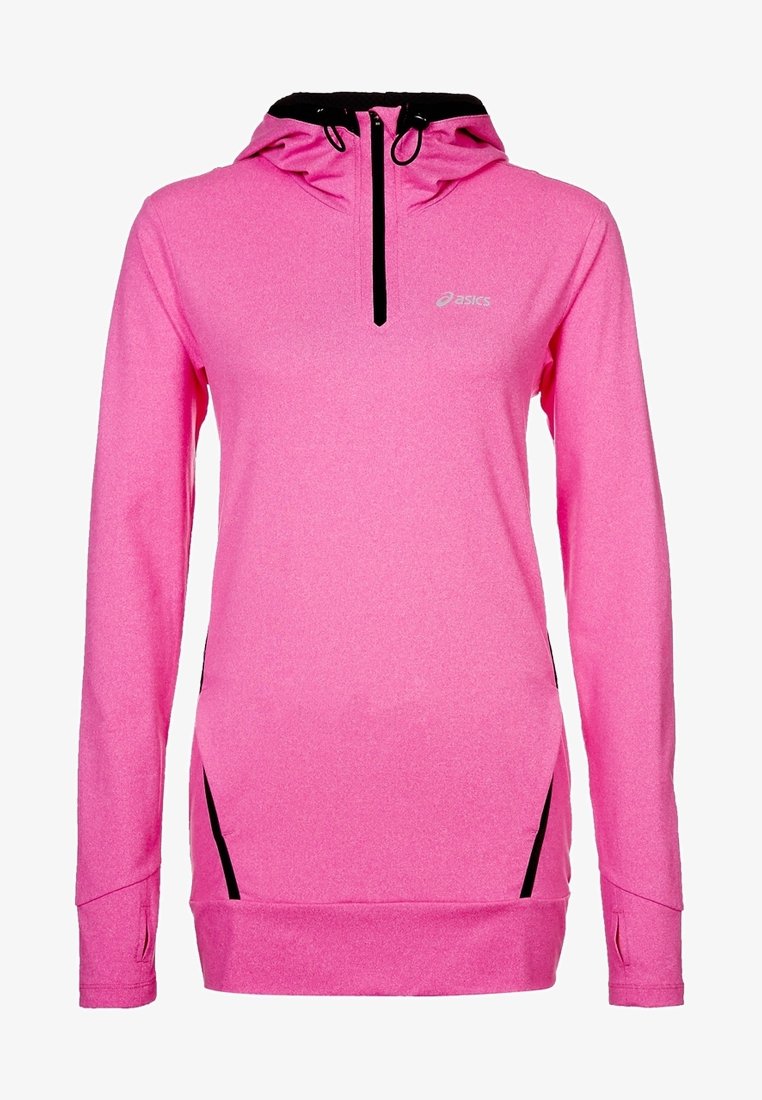 Růžová mikina s kapucí a dlouhými rukávy, s černým zipem a bočními kapsami. Vyrobena z materiálu odvádějícího vlhkost, hladký povrch.