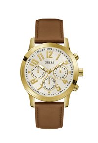Orologio cronografo in tonalità oro con quadrante crema, cinturino in pelle marrone e numeri sovradimensionati. Presenta tre sottodials e dettagli dorati.