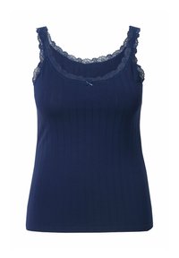 Camisola blu navy realizzata in tessuto ribbed, con bordo in pizzo lungo il colletto e le spalline, e un piccolo dettaglio con fiocco al centro.