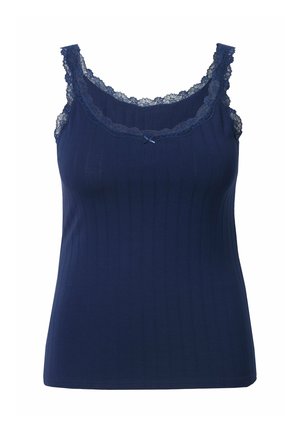 Navy blue camisole made of ribbed textile, featuring lace trim along the neckline and straps, with a small bow detail at the center front.
