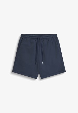 Pantaloncini casual blu navy con vita elastica, coulisse regolabile, tasche laterali e logo sottile sulla gamba sinistra.