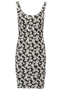 Robe noire sans manches longueur genou avec motif de marguerites blanches et centres jaunes, silhouette ajustée.