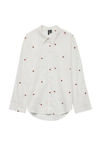 Camicia bianca a maniche lunghe con piccoli fiori ricamati rossi, colletto classico, apertura con bottoni e orlo curvo. Tessuto leggero con una trama morbida.