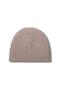 Strickmütze in hellem Taupe mit geripptem Bund; verfügt über ein strukturiertes Muster und eine nahtlose runde Krone für einen engen Sitz.