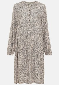 Langærmet, knaplukket kjole i grå og beige leopardmønster. Fremstillet af let stof med en samlet talje og teksturerede ærmer.