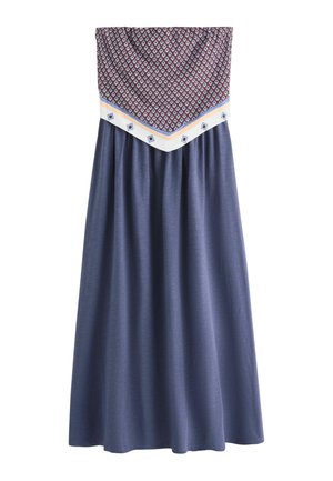 Lange rok met een donkerblauwe effen onderkant en een patroon aan de bovenkant met kastanjebruine, witte en blauwe ruiten.