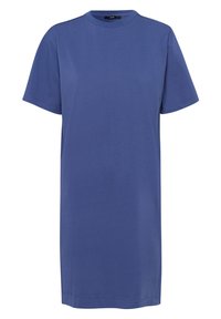 Robe T-shirt à manches courtes bleue unie avec col rond, ourlet droit et coupe décontractée sur fond blanc.