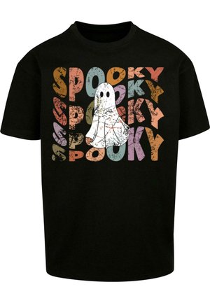 Black T-shirt featuring a central white ghost graphic surrounded by multicolored, distressed text spelling "SPOOKY" in various hues and styles.