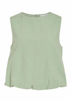 Mouwloze lichtgroene blouse met ronde hals en knoopsluiting aan de achterkant, gemaakt van zachte, gestructureerde stof.
