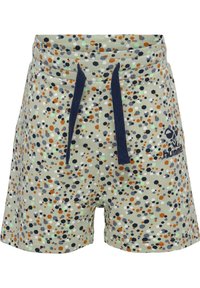Groene katoenen shorts met een multicolore gevlekte print, voorzien van marineblauwe trekkoorden en een logo aan de linkerkant.