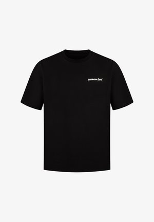 Schwarzes Baumwoll-T-Shirt mit kurzen Ärmeln, Rundhalsausschnitt und weißem "Smilodax Sport"-Logo auf der Brust. Klassischer Schnitt und glatte Textur.