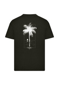 Black cotton t-shirt featuring a white palm tree graphic surrounded by a rectangular border, with a sun and water illustration below.