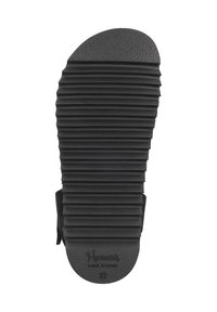 Black rubber sandal sole, featuring horizontal grooves for traction, rounded toe, and embossed brand text with sizing, smooth texture on edges.