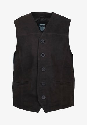 Bruine suède vest met een V-hals, vijf zwarte knopen, twee steekzakken aan de voorkant en een rechte onderrand. Voorzien van een label aan de binnenkant met de merknaam.