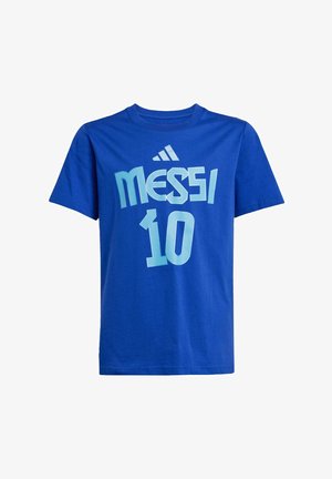 Blaues Baumwoll-T-Shirt mit der Aufschrift "MESSI" und "10" in hellblauem Text. Mit kurzen Ärmeln und Rundhalsausschnitt gestaltet.