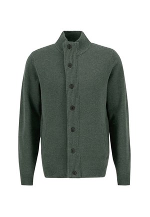 Dark green knit cardigan with a high collar, seven-button closure, ribbed cuffs, and side pockets. Soft texture and casual fit.