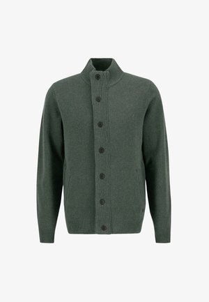 Dark green knit cardigan with a high collar, seven-button closure, ribbed cuffs, and side pockets. Soft texture and casual fit.