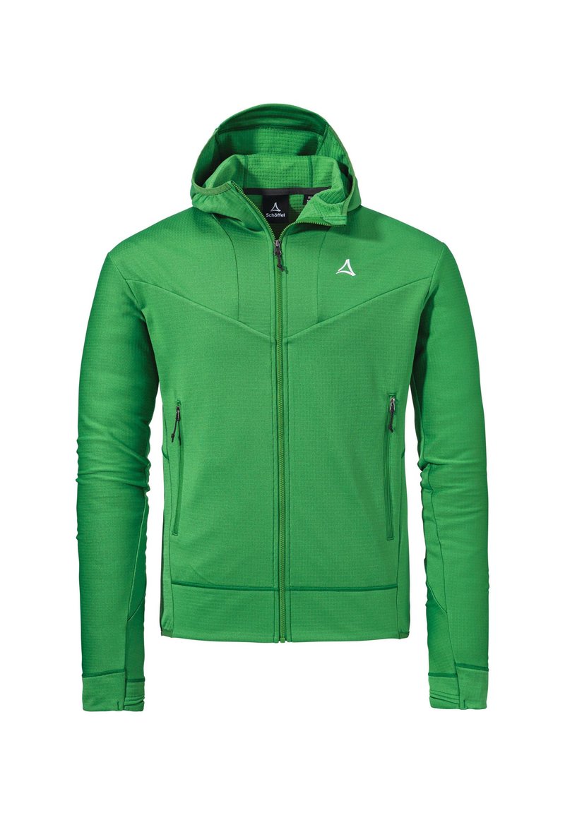 Zielona kurtka z zamkiem błyskawicznym i kapturem, wykonana z teksturowanej tkaniny, z bocznymi kieszeniami oraz trójkątnym logo na górnej lewej części.