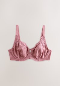 Pink blonde-bøjle-bh med justerbare stropper og bølgede kanter, lagt fladt på en lys baggrund.