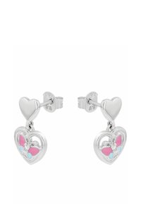 Orecchini d'argento a forma di cuore con un design a farfalla, caratterizzati da accenti in smalto rosa e blu e un piccolo gemstone trasparente al centro.