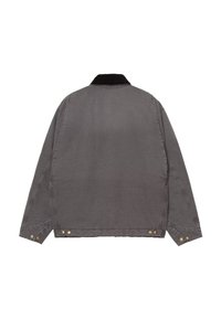 Gray long-sleeve jacket with a black collar, gold snap buttons on cuffs and hem, shown from the back against a white background.