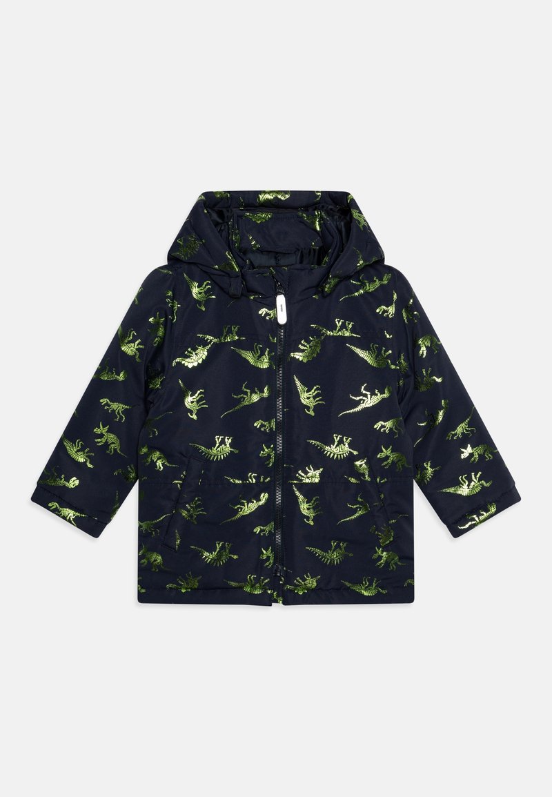 Veste pour enfants en marine avec un imprimé dinosaure métallisé vert, fermeture éclair et capuchon. Tissu léger avec manches longues et poches latérales.
