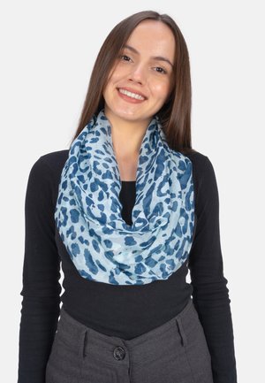 Blue and light blue leopard print scarf made of lightweight fabric, featuring a circular design that allows for easy draping.