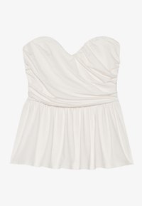 Top bianco senza spalline con scollatura a cuore, tessuto arricciato sul corpetto e orlo svasato. Realizzato in tessuto morbido e elasticizzato.