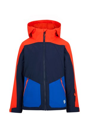 Child's hooded winter jacket with red shoulders and sleeves, navy blue torso, and bright blue zippered pockets at front.
