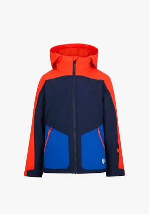 Child's hooded winter jacket with red shoulders and sleeves, navy blue torso, and bright blue zippered pockets at front.
