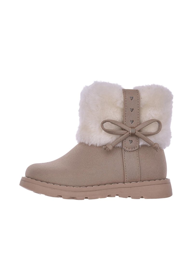 Beige ankelstövlar med en krage av konstfuskpäls, texturerat ovandela, snörning med rosett, och dekorativ söm på en gummisula.