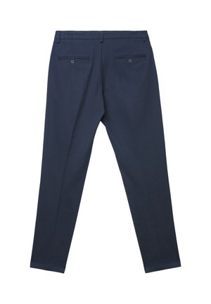 Pantalon bleu marine à coupe droite, doté de deux poches arrière avec boutons, et d'une texture lisse.