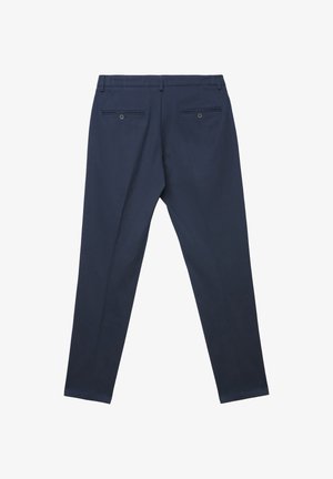 Pantalon bleu marine à coupe droite, doté de deux poches arrière avec boutons, et d'une texture lisse.