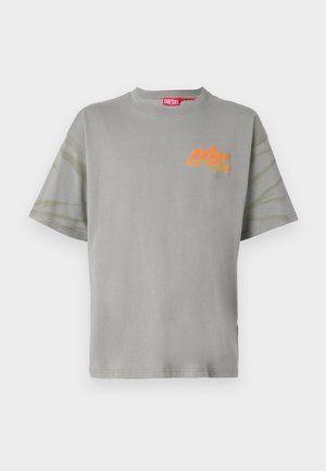 Gray cotton t-shirt with a crew neck, oversized fit, and short sleeves. Features an orange logo on the front and tie-dye accents on the sleeves.