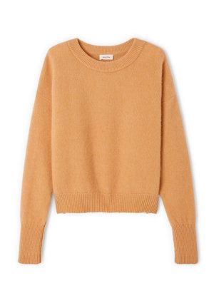 Maglione color ambra realizzato in materiale morbido e peloso. Presenta un collo a giro, polsini a coste e un design corto con una vestibilità rilassata.
