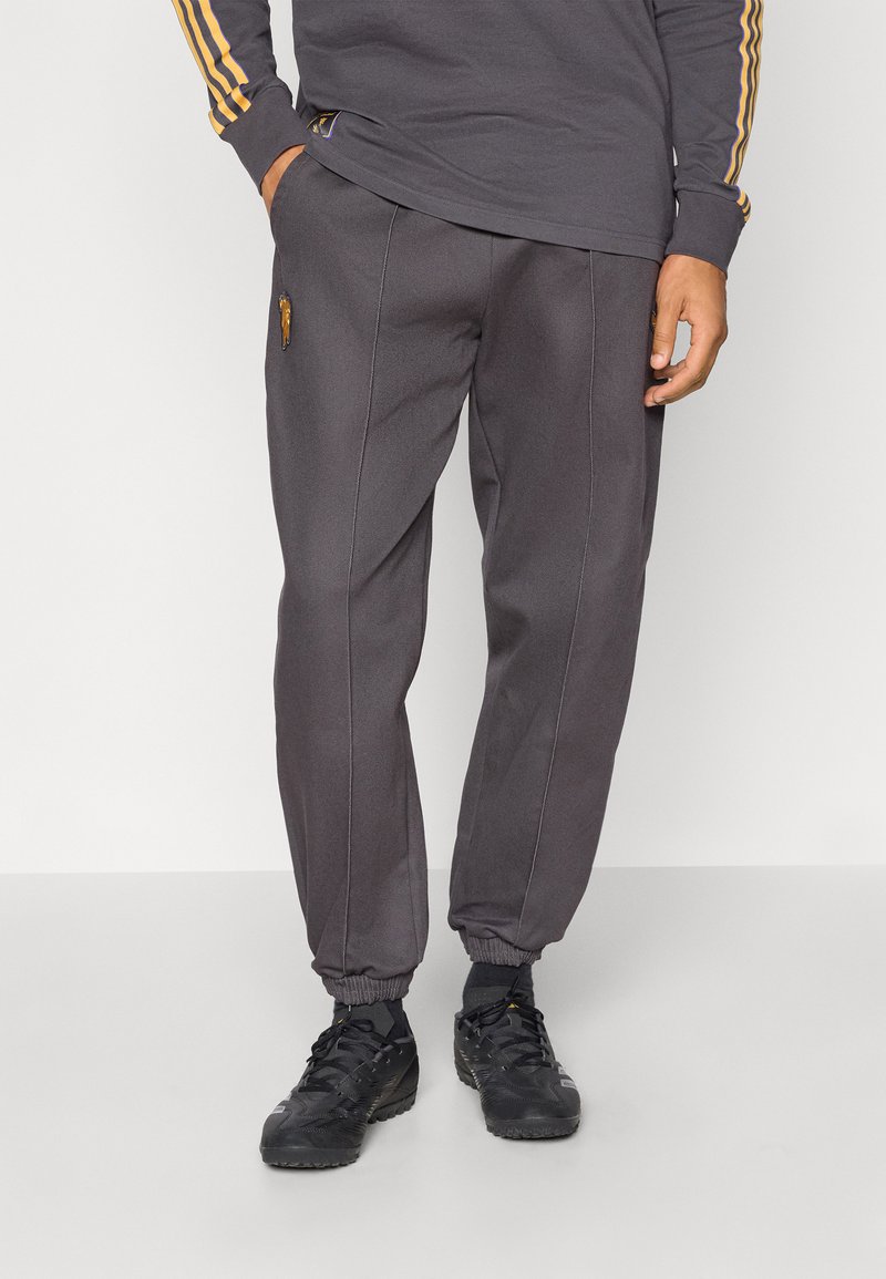 Grå joggerbyxor i tyg med elastiska muddar, utrustade med sidoseams och en liten broderad design på vänster lår.