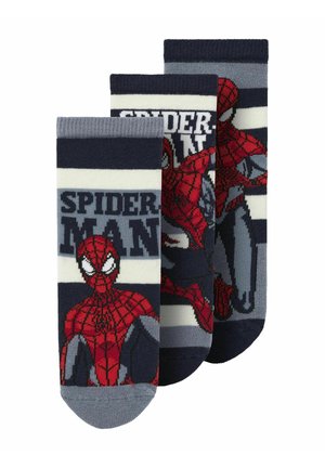 Three pairs of thick, knitted crew socks featuring Spider-Man designs in red, gray, and navy blue with bold "SPIDER-MAN" text and striped patterns.
