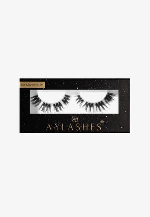 Pair of thick, black false eyelashes in black speckled box labeled "DIY Lash System" and "AYLASHES" in gold lettering.