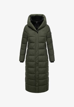 Lange donkergroene gewatteerde jas met een grote capuchon, voorzien van een rits, twee zijzakken en een geweven patroon in een quilted stijl.