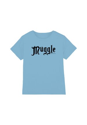 Light blue short-sleeve T-shirt with the word "Muggle" printed in large black gothic font on the front center.