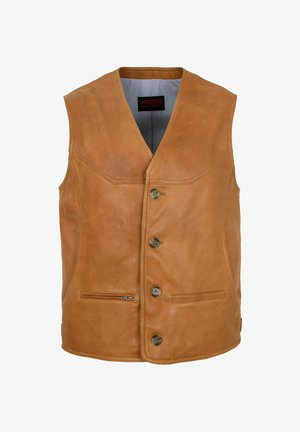 Braune Lederweste für Herren mit vier Knöpfen, zwei aufgesetzten Taschen vorn, davon eine mit Reißverschluss, und einem V-Ausschnitt.